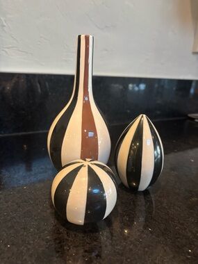 Vintage striped Ceramic Decorative Vase Trio in Black and White